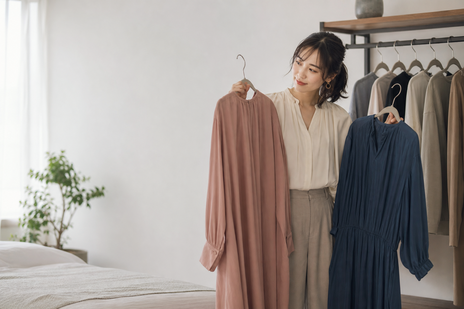 自宅で二着のワンピースを見比べている女性